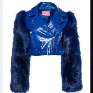 Blue faux leather and fur jacket
